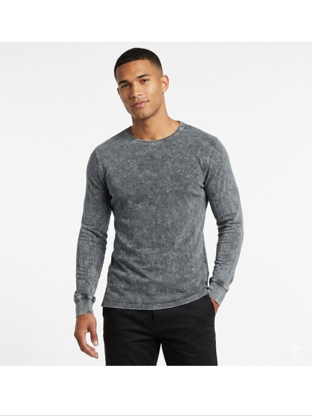 Shore Men's Gray Washed Crew Neck Long Sleeve Pullover Sweater Cotton Jersey M